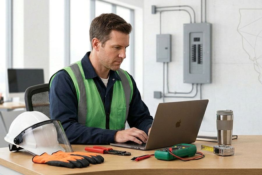 Trades worker on laptop
